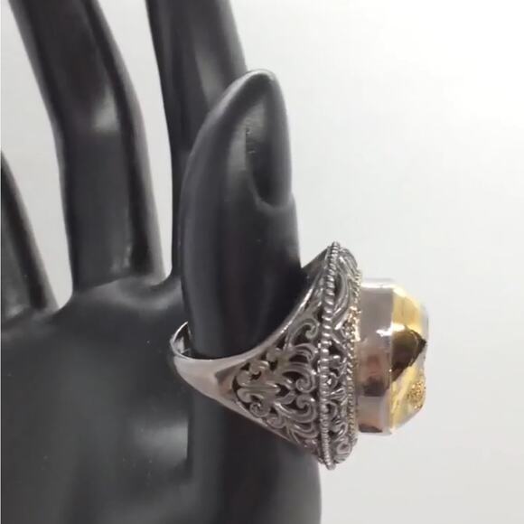 🌹 Vintage Heavy Gold Druzy Stone 925 Sterling Silver Chunky Oxidized Ring - Picture 6 of 11